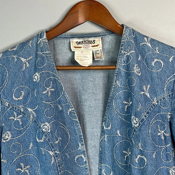 Y2K 90s Vintage Sketches Embroidered Denim Jacket Bolero Crop Blue Light Wash 4 - Picture 3 of 8